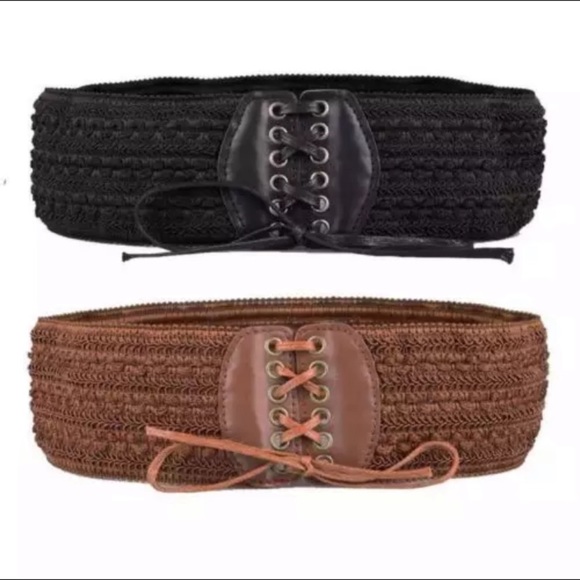 Brown Stretchy Wide Woven Boho Belt Faux Leather - Picture 2 of 8